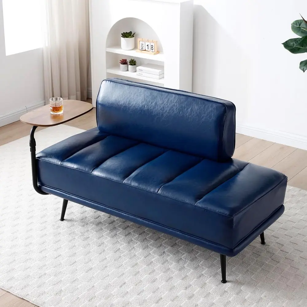 360-Degree Swivel Tray Waiting Room Bench Seating, Reception Bench, Lobby Chair, Barber Furniture, Navy PU Upholstered Couch wit