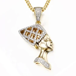 VANAXIN Fashion Ancient Egyptian Queen Pharaoh Pendant Necklace CZ Zircon Jewelry for Women Men Gold Color Iced Out