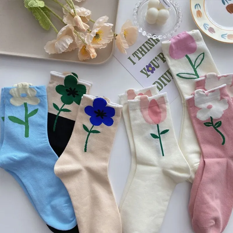 5 Paar Damen-Mittelrohrsocken, Harajuku, Retro, Blumenmuster, Vintage, Neuheit, elegant, ethnisch, Kawaii, niedlich, lässig, atmungsaktiv, Damen und Mädchen