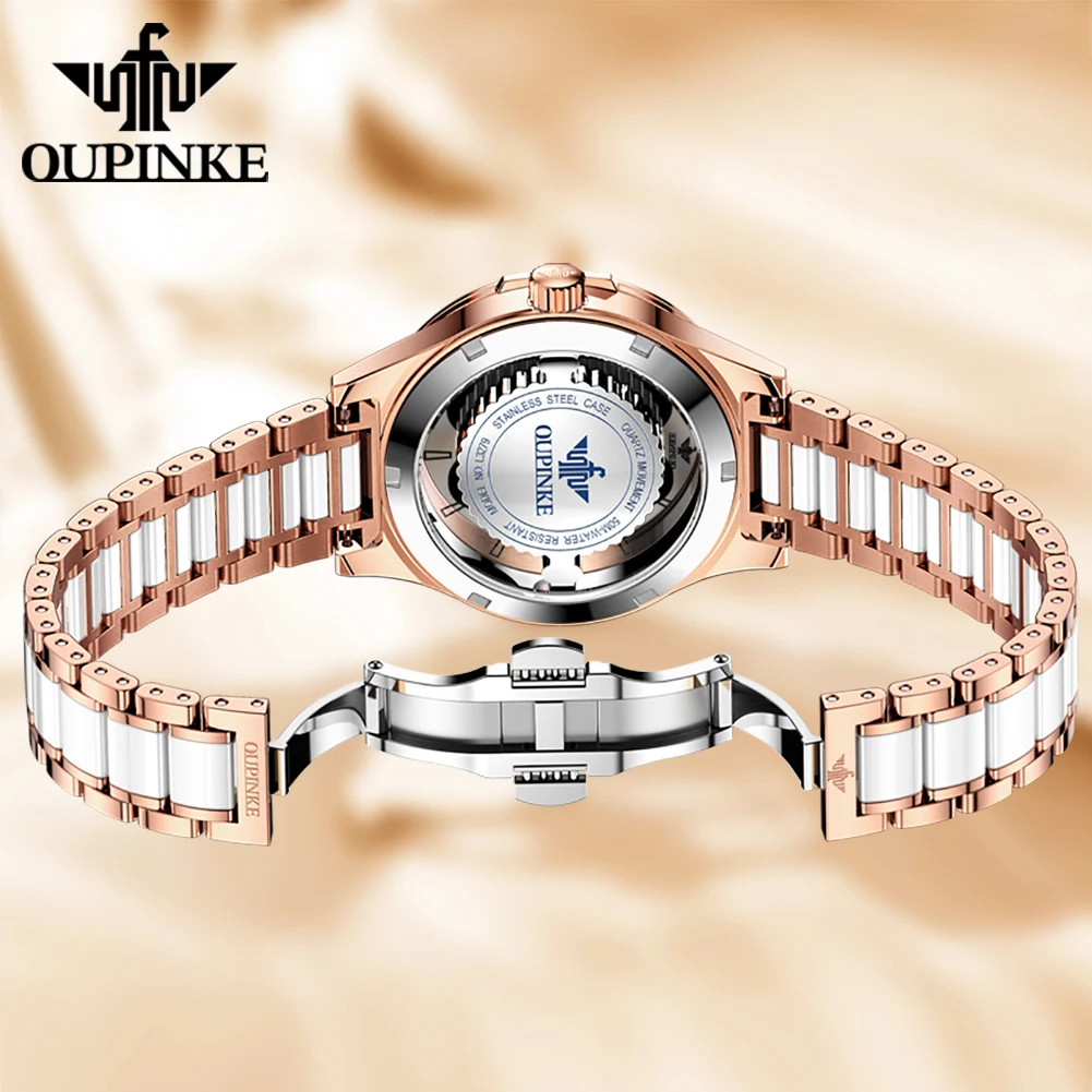 OUPINKE 3279 Women Watch Four Leaf Clover Transparent Dial Ceramic Strip 50m Waterproof Sapphire Mirror Fashion Quartz Watch