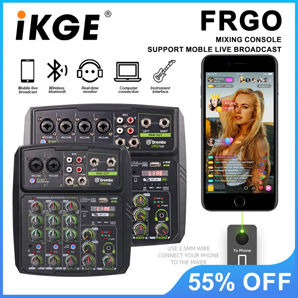 FGRO 4/6-channel audio mixer, DJ console mixer with Bluetooth 48V phantom power for live webcasting, karaoke