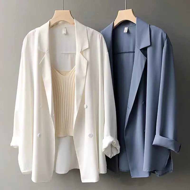 Women Spring Summer New Chiffon Suit Jacket Fashion Generous Solid Button Splicing Loose Casual Versatile Long Sleeved Thin Coat