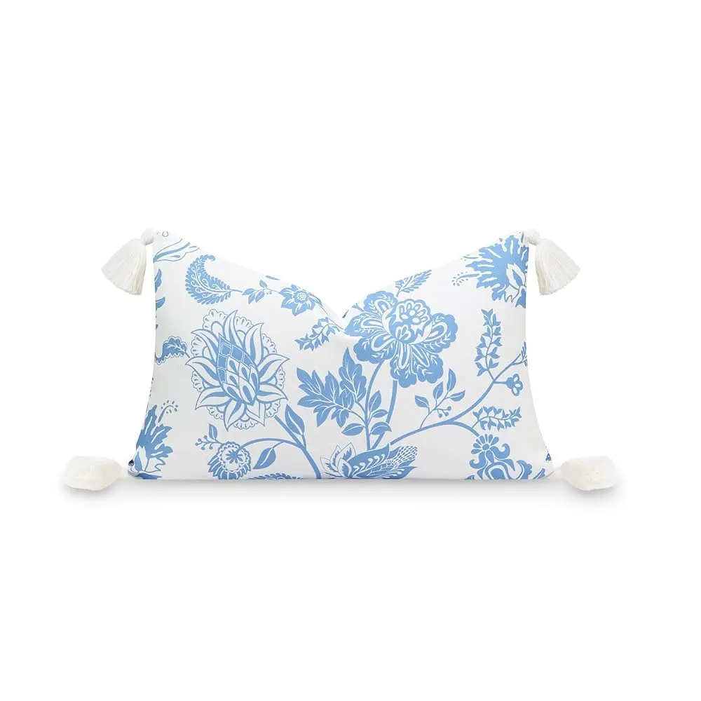 

Coastal Patio Indoor Outdoor Lumbar Pillow Cover Only, 12""X20"" Water Repellent For Backyard, Couch, Cornflower Blue Floral