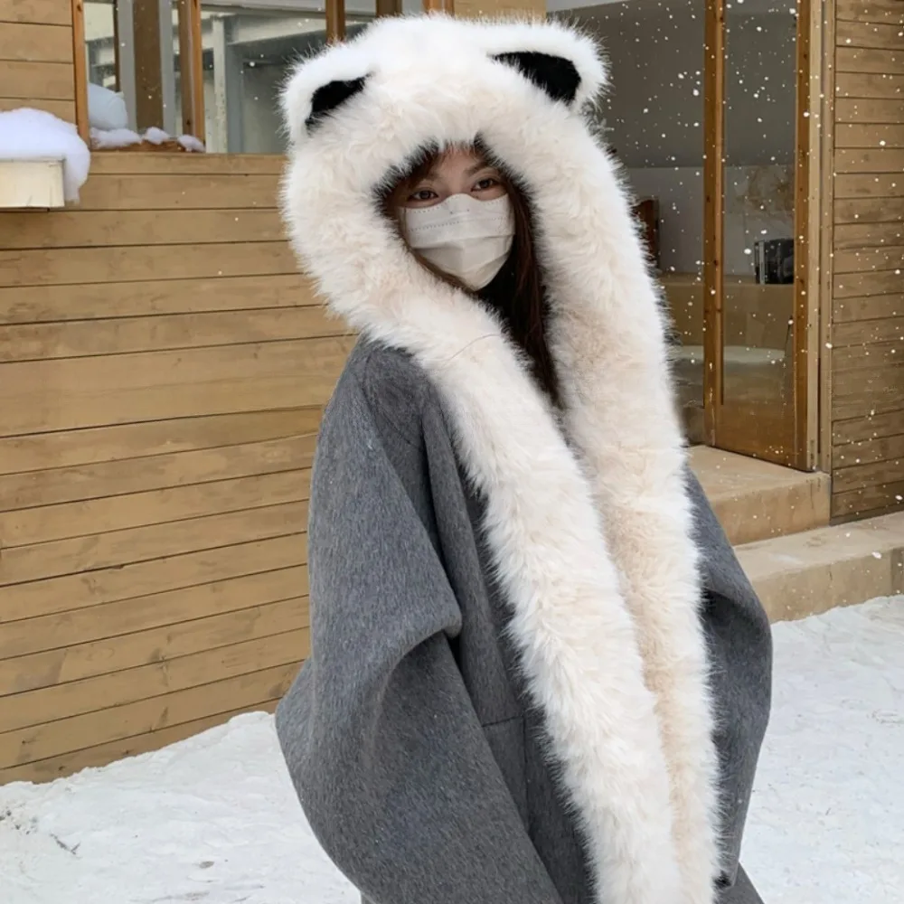 

Cute Windproof Vixen Ear Beanie Hat Soft Cold Resistant Integrated Cap Scarf Thicken Faux Fur Hooded Scarf Skiing