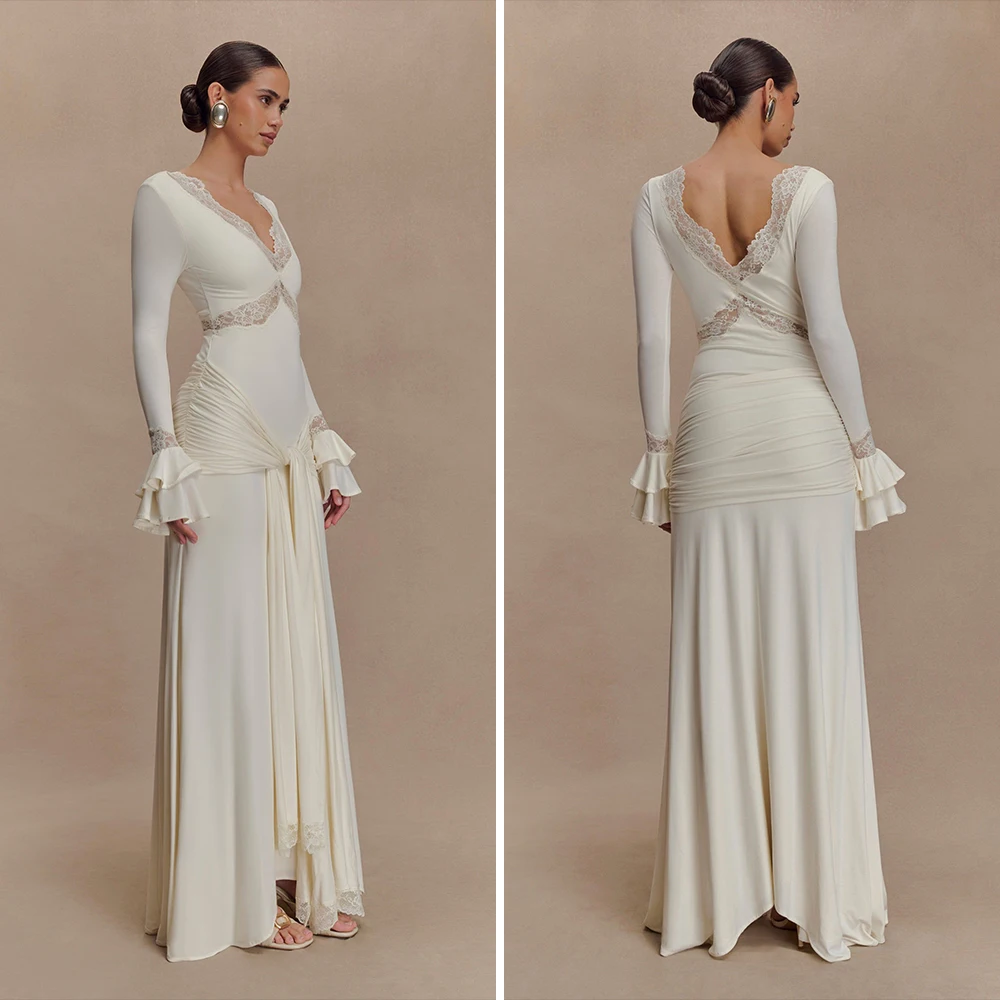 Elegante decote em v manga longa renda emendada smocked em camadas auto tie nó bodycon maxi vestidos cocktail casamento vestido de festa à noite