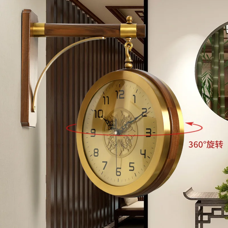 Household double-sided wall clock Living room wall decoration silent wall watch Brass solid wood light luxury simple two-sided