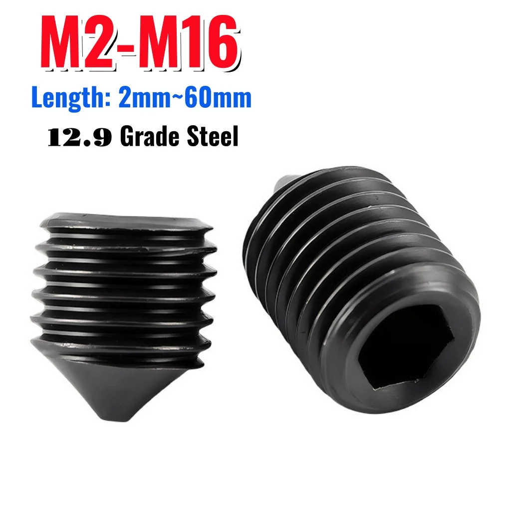 12.9 Grade Steel Black Hex Socket Cone Point Grub Set Screw Bolt M2 M2.5 M3 M4 M5-M16 Allen Head Tapered End Bolt