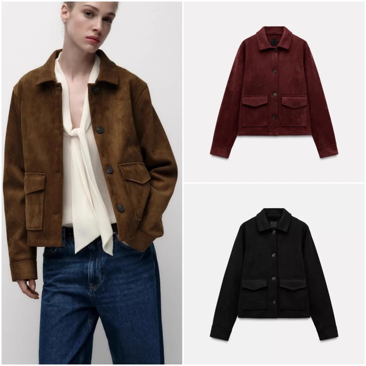

Spring New Arrival Retro Commute Loose Velvet Texture Long Sve Collar Jaet Outerwear 43422 Women's Faion ort Coat
