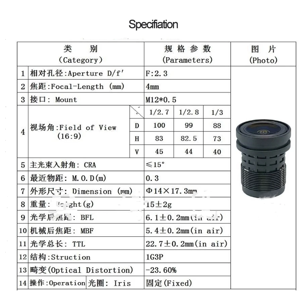 Camera Lens M12 Mount HD 3MP 4MM Aperture F2.3 Format 1/2.7" With 650nm IR Filter Holder for Surveillance Security Cam