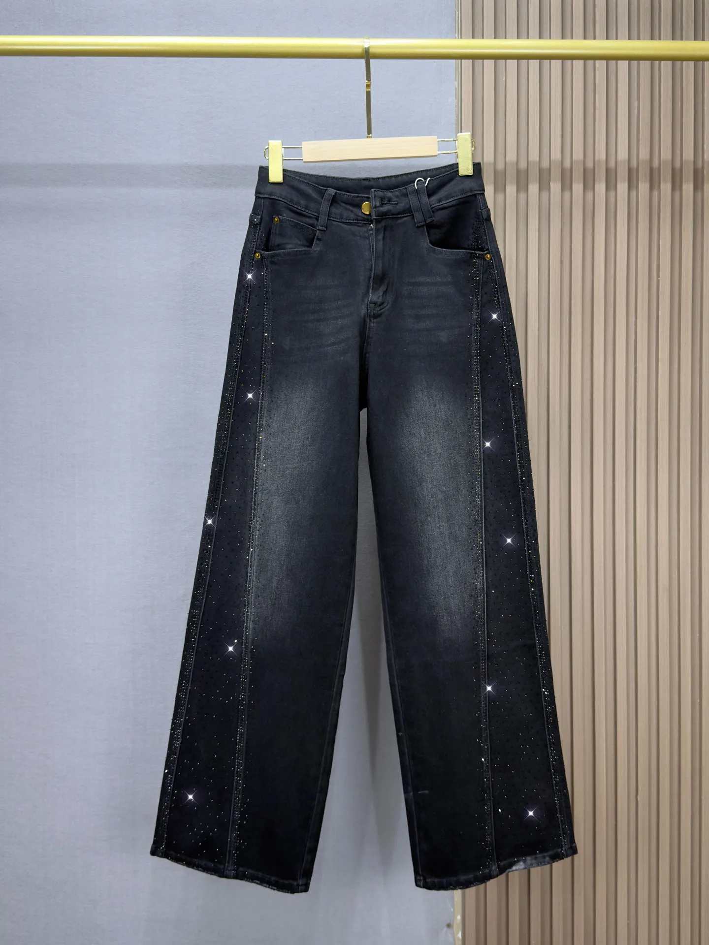 Trendy New Autumn Hot Diamonds Wide Leg Women Jeans All-match High Waist Floor-length Straight Casual Trousers Loose Denim Pants