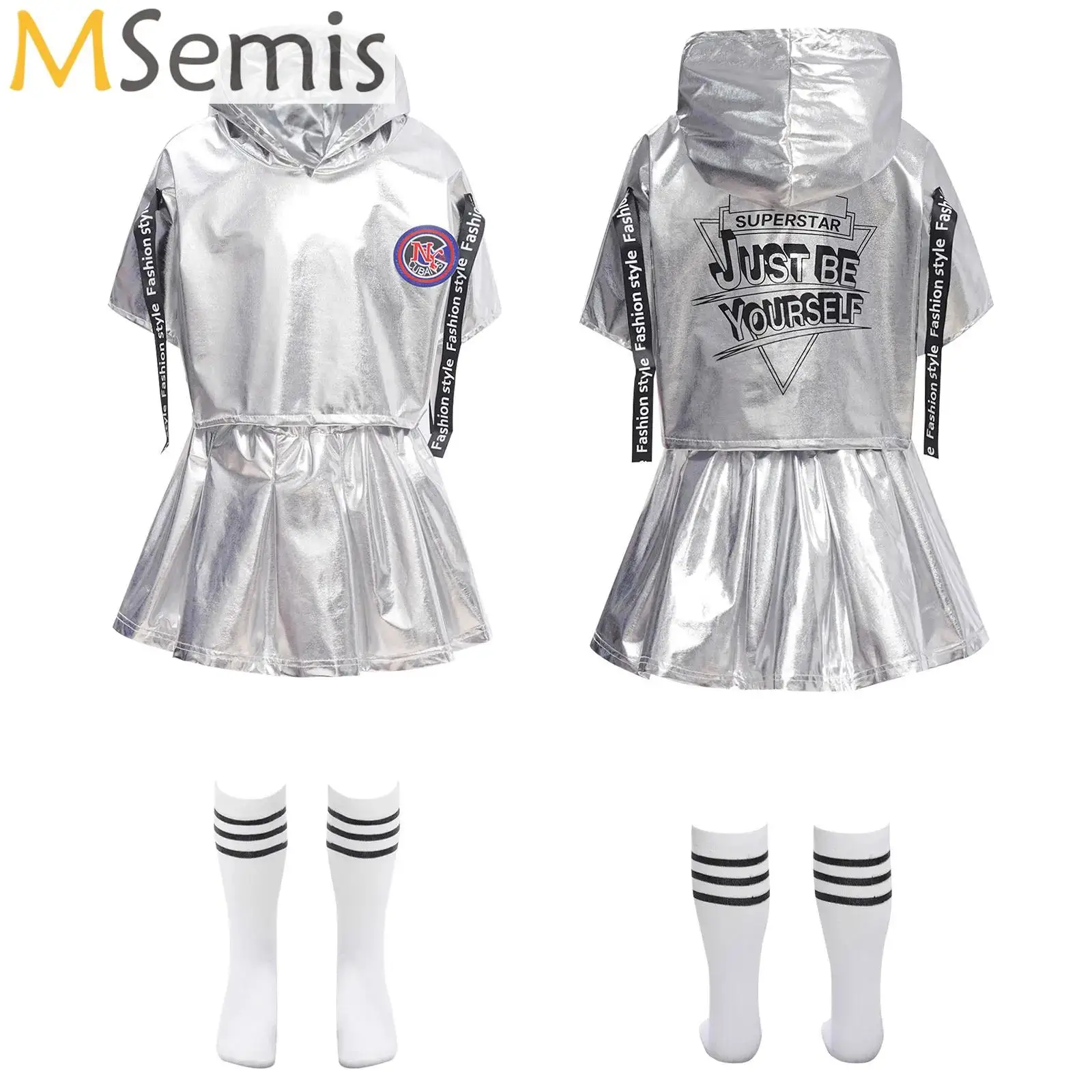 

Boys Hip Hop Silver Hooded Tops Street Dance Shorts Skirts Girls Metallic Clothes Set Child Shiny Streetwear Kids Jazz Costume