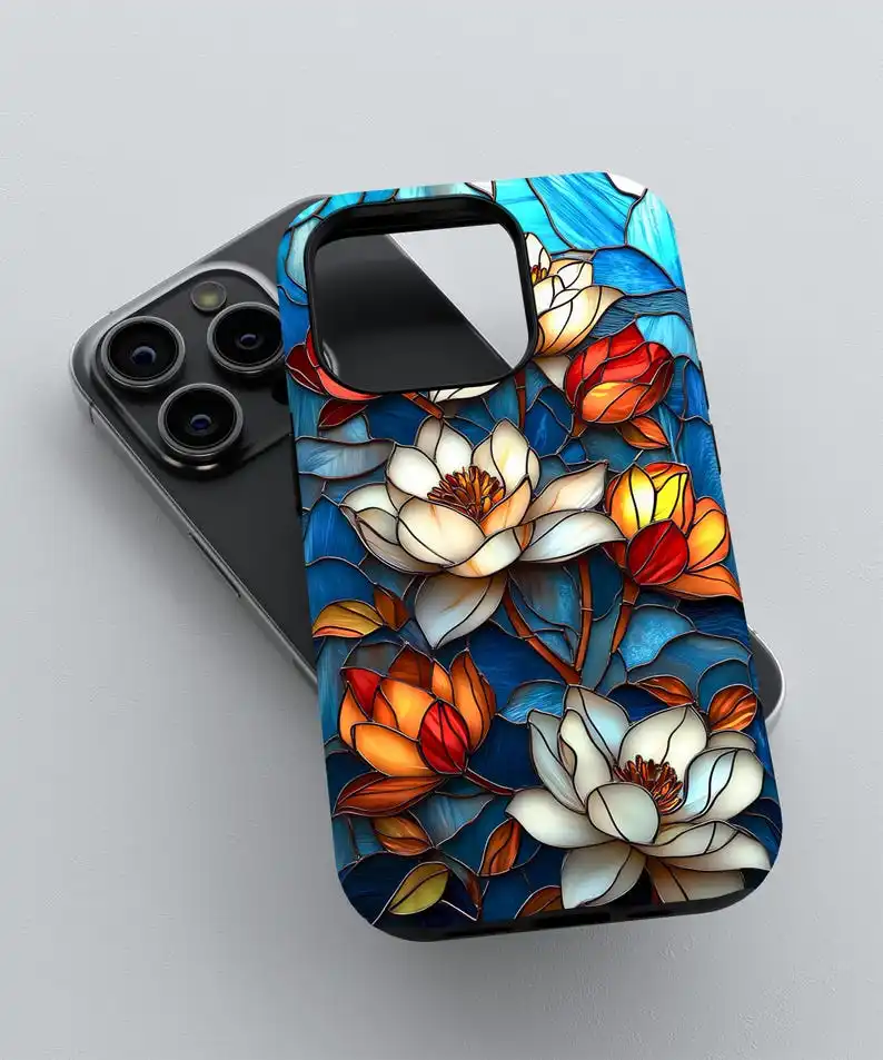 Artisan Lotus Flowers Stained Glass Phone Case For IPHONE 16 15PRO MAX 14 13 12 11 Acrylic TPU Two in one magnetic Phone Cases