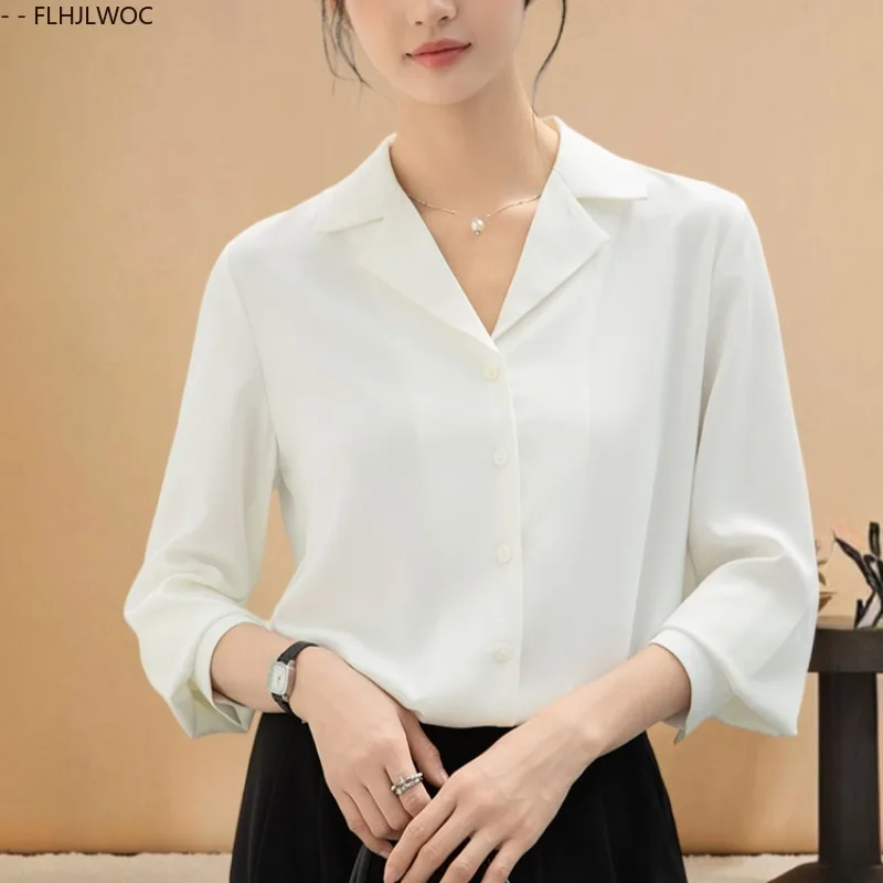 

French Design Tops Blouses New 2025 Autumn Fashion Women Office Lady Long Sleeve V Neck Work Commuter Solid White Basics Shirts