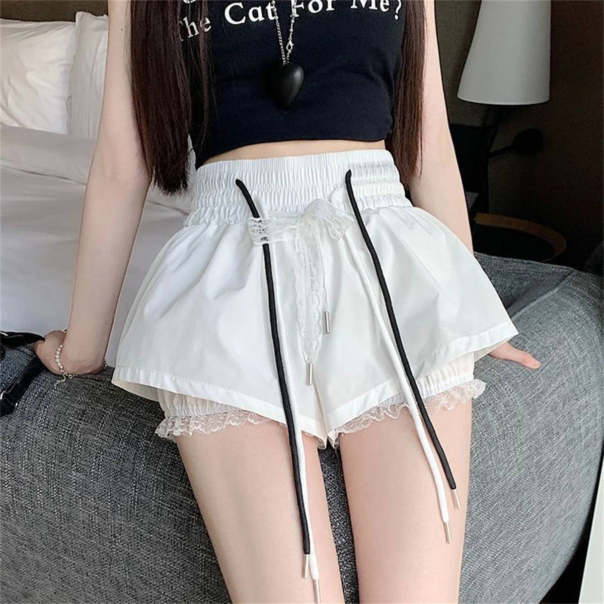 New Bottoms Korean Shorts Women High Waist Casual Patchwork Lace Wide Leg Shorts Bandage Chic Summer Pantalones Cortos De Mujer
