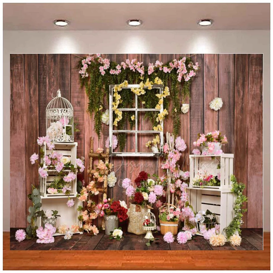 

Photography Backdrop Spring Dream Garden Brown Wooden Board Decor Baby Cake Crush Background Baby Birthday Photo Photocall