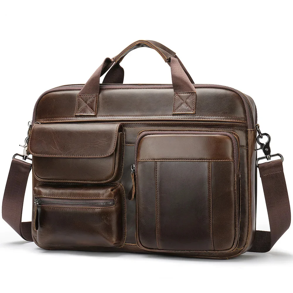 

14 Inch Leather Briefcase Mutilfunction Shoulder Bag Laptop Men Male Handbags Large Capacity Business Tote