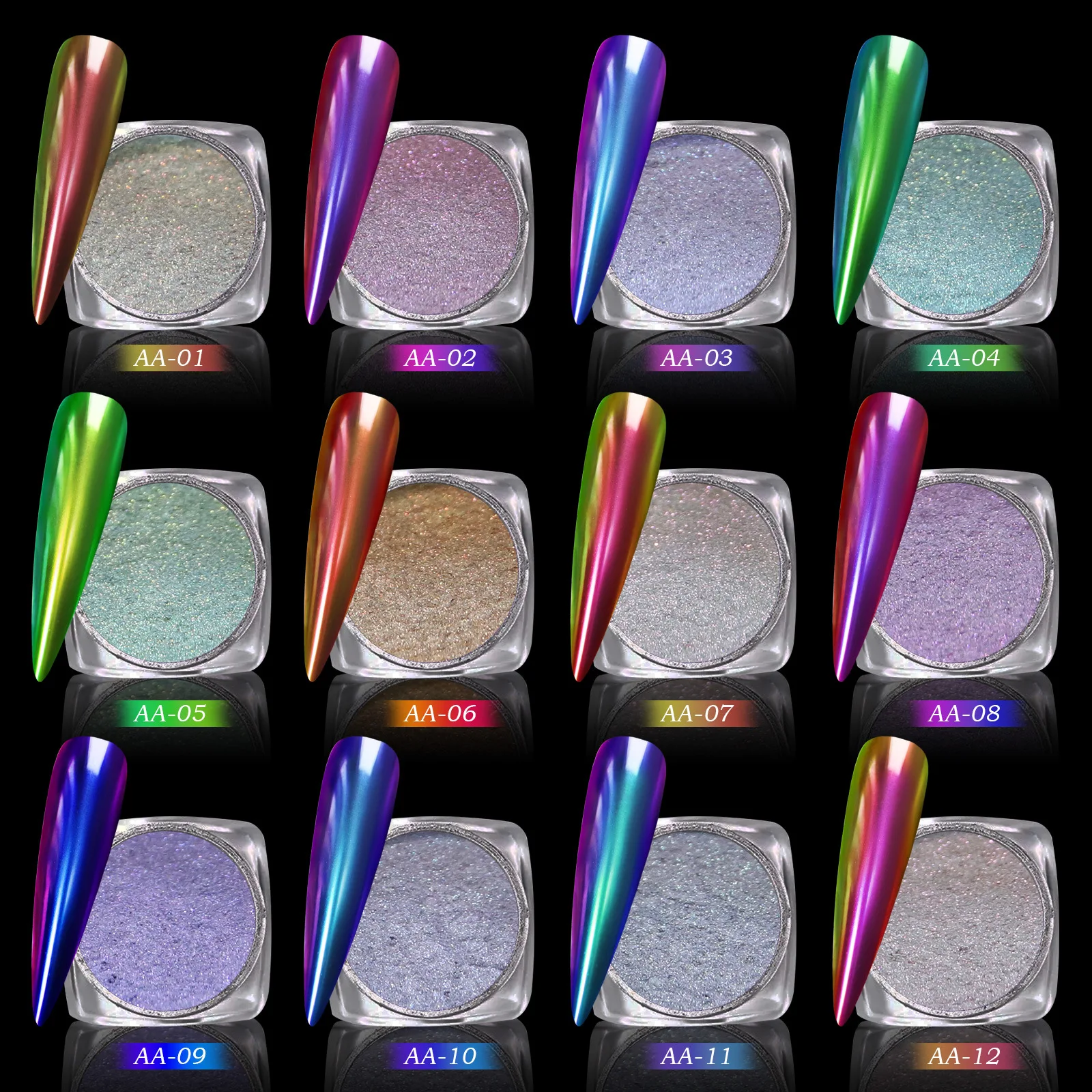 12 Color Magic Mirror Powder Optical Chameleon Nail Glitter Powder High Gloss Holographic Nail Art Pigments DIY Manicure Dust