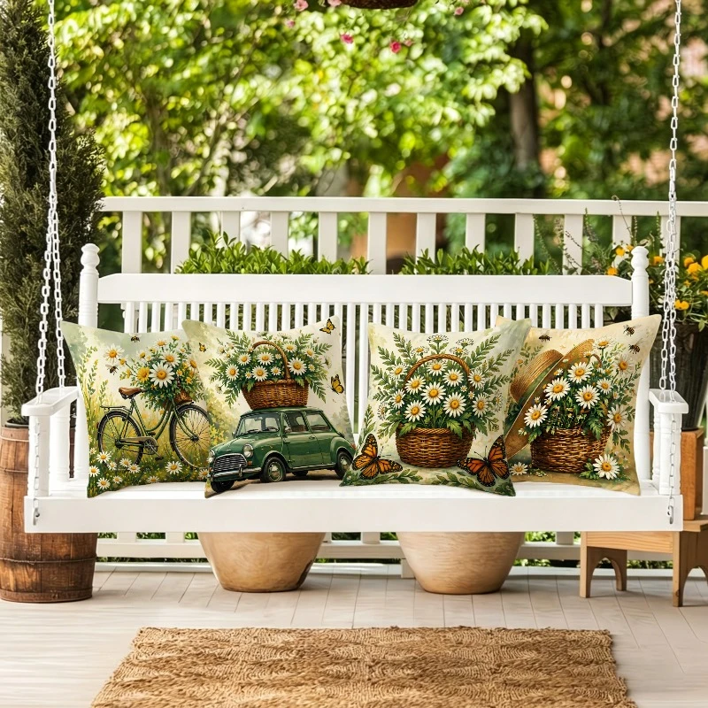 4pc Set of 4 Vintage Farmhouse Daisy Throw Pillow Covers  Rustic Spring Butterfly Bicycle Basket Home Decor Cushion Cases for