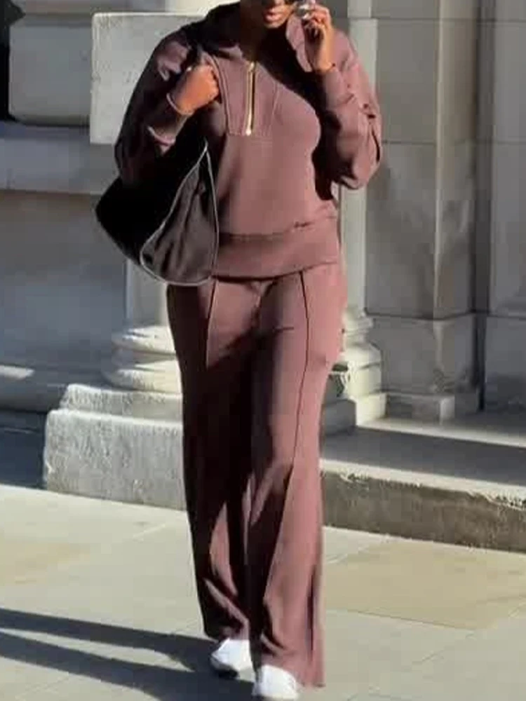 Elegante scollo a V con cerniera Top e pantaloni lunghi Set Tasca causale da donna Manica lunga Abito semplice Abbigliamento sportivo di moda Abiti da 2 pezzi lavorati a maglia