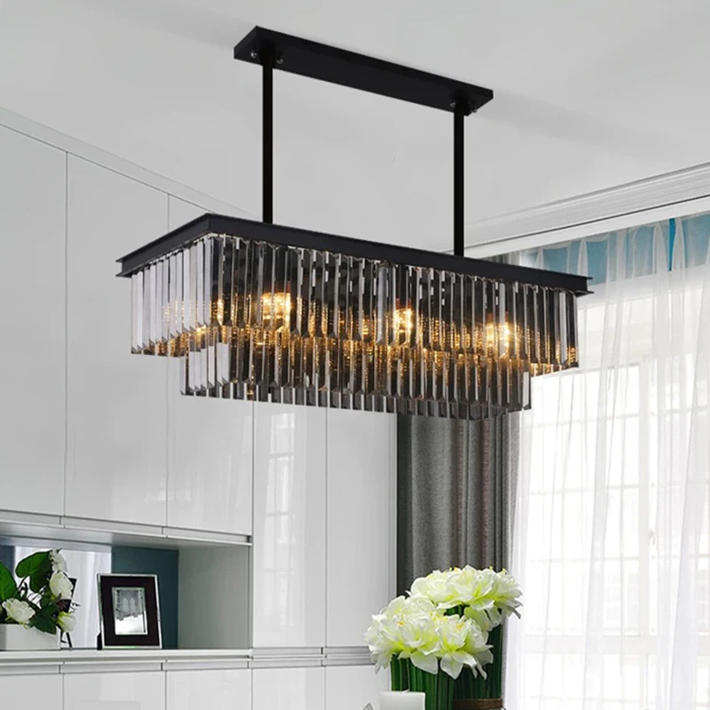 Nordic retro Smoke gray Long strip Crystal LED chandelier decoration lustre Rectangular square frame ceiling for living room