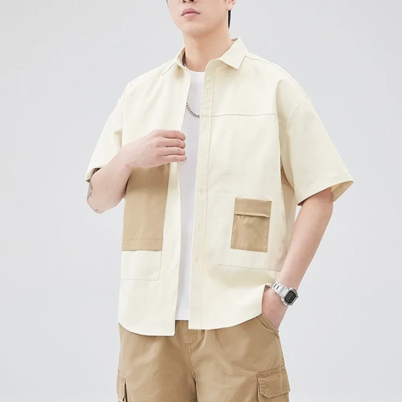 Summer All-match Turn-down Collar Short Sleeve Button Contrast Color Shirt Pockets Cardigan Preppy Style Korean Vintage Tops