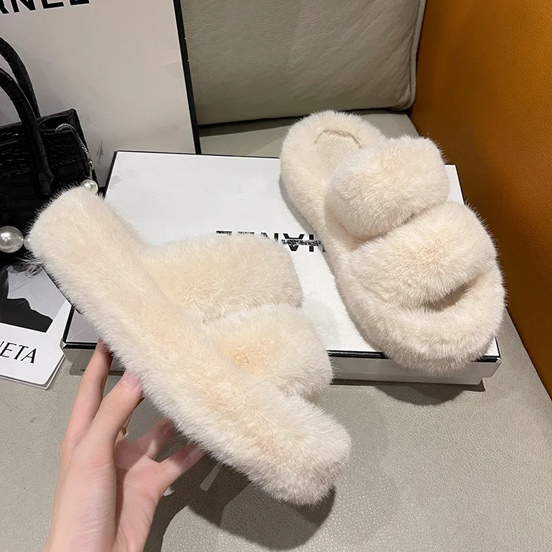 

Women's Furry Luxurious Fluffy Slippers, Soft and Fuzzy Platform, Indoor Leisure, Winter Home, Warm High Heels for Women