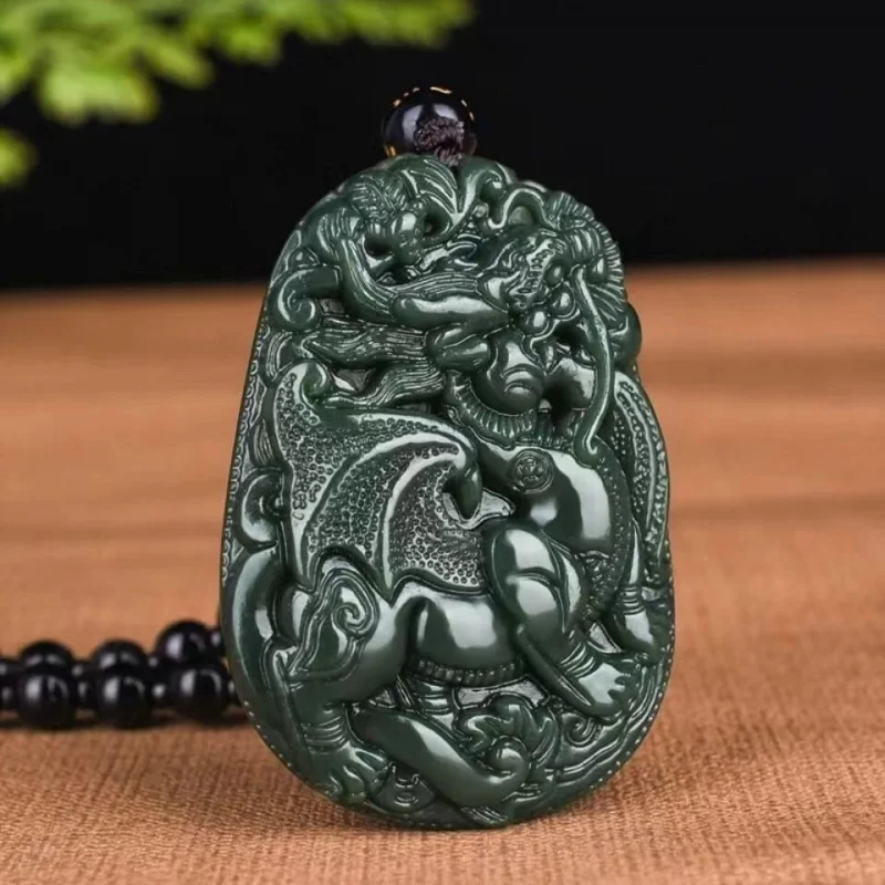 

Кулон-подвеска из зеленого нефрита Хотан с летящим Цилинем, в этническом стиле, Пи Сю, символ богатства и удачи
