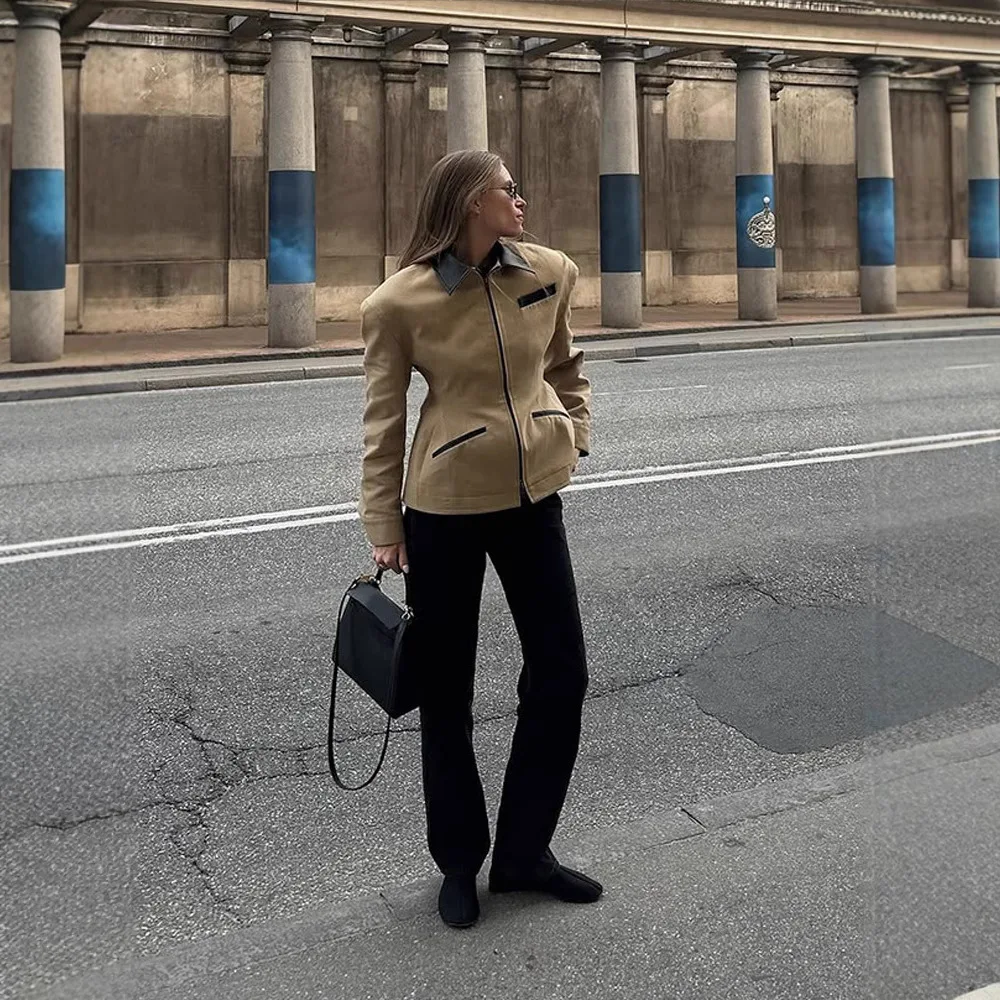 Retro Autumn Women's Motorcycle Jacket Brown Turn Down Collar Zipper Fly Pockets Female's Coat Chic High Street Outwear For Lady