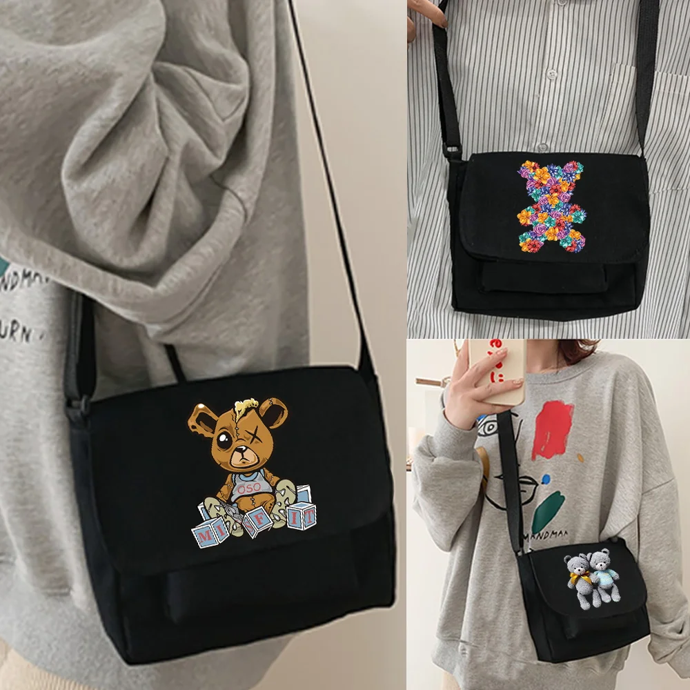 Stylish Multi‑Slot Crossbody Bag Adjustable Strap Flap Design Soft Canvas Material Bear Pattern Shoulder Bag for School Weekend