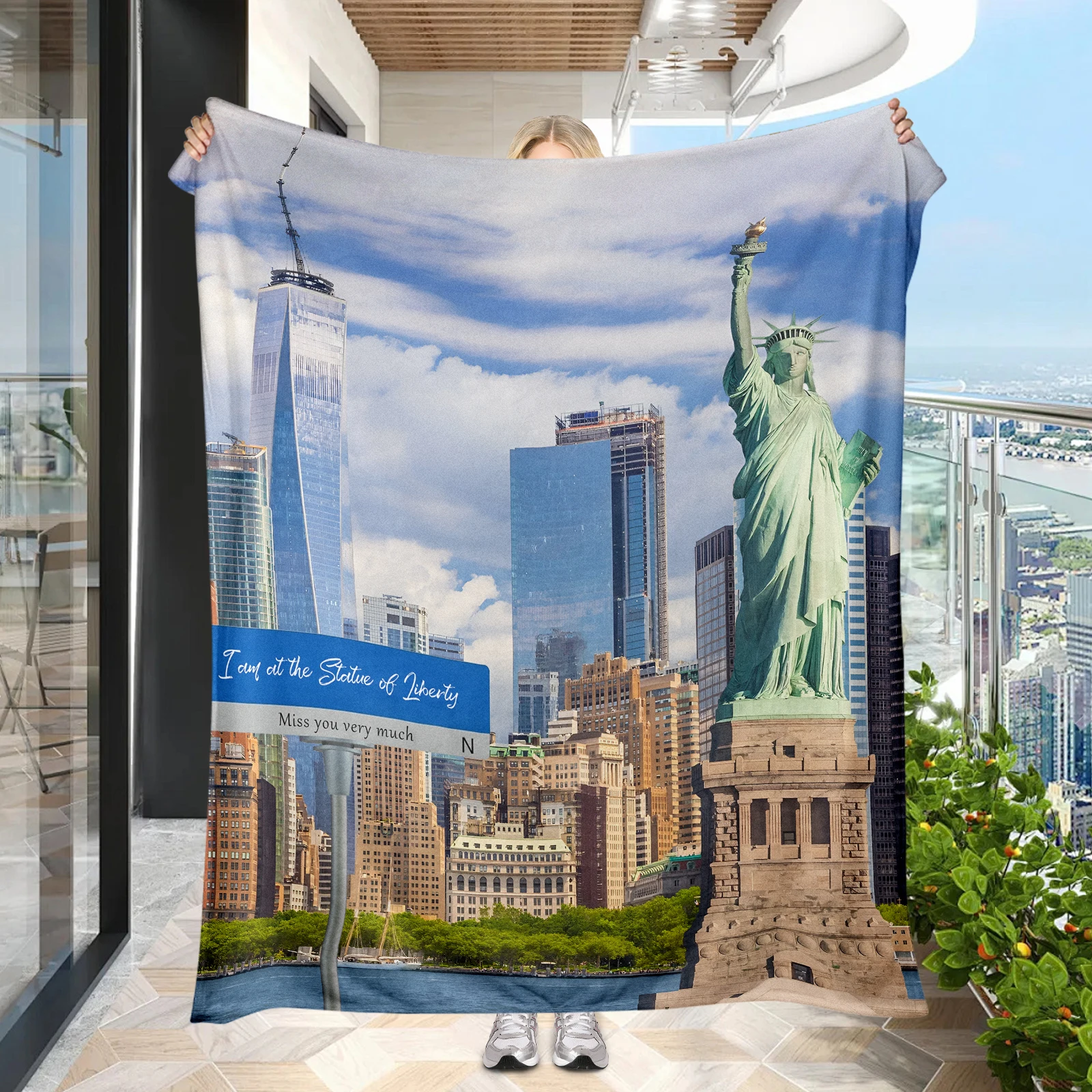 

Modern City Statue of Liberty Blanket Custom Landscape Photo Personalized Picture Making Suitable for Giving To Friend Husband