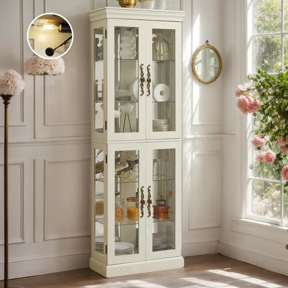 

Витрина Curio Cabinet 71 в винтажном стиле со стеклянными дверцами, регулируемыми полками, 4 дверцами из закаленного стекла, лампочкой в комплекте, деревянный винный шкаф-бар