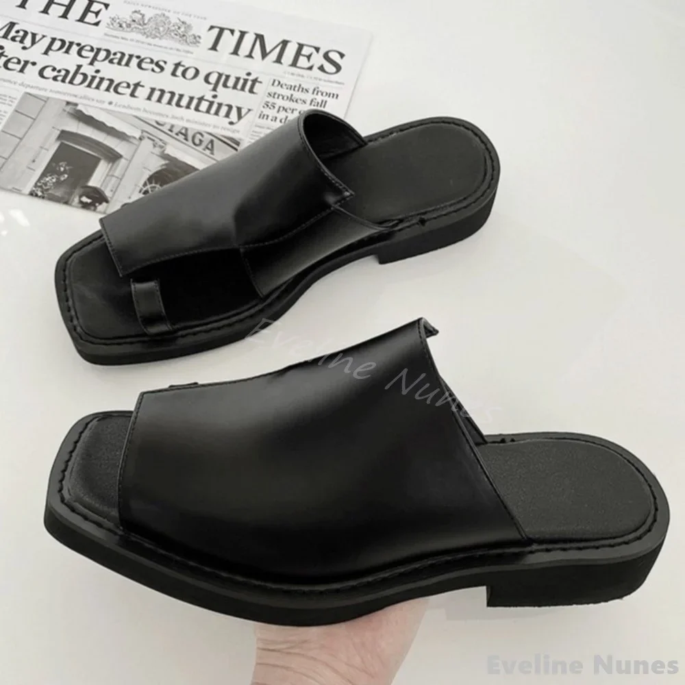 Casual Clip One Word Belt Slippers Women Black Leather Square Toe Hollow Flat Slip On Sandals 2025 New Fashion Design Flip Flops