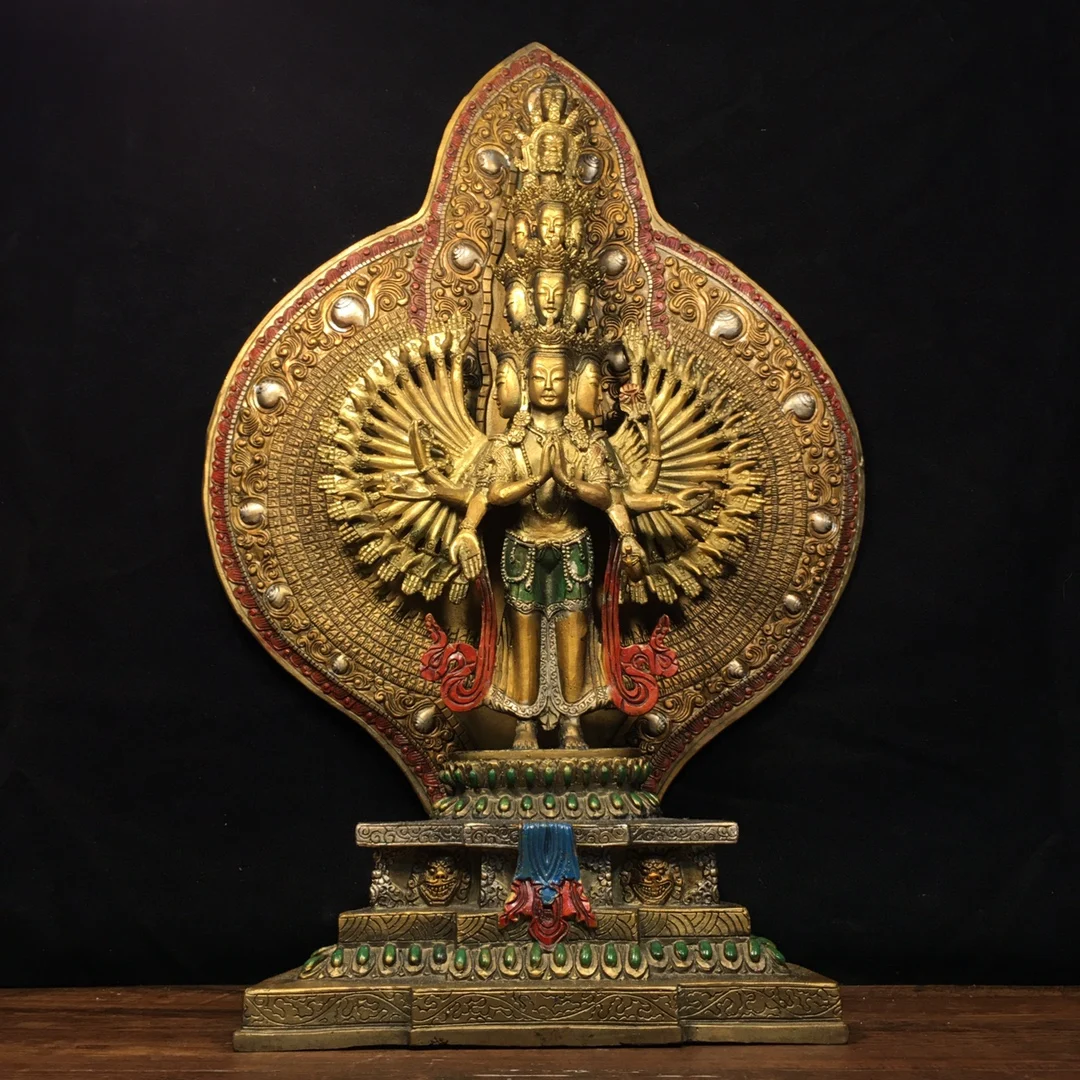 

18"Tibetan Temple Collection Old Bronze Painted 1000 Arm Guanyin Standing Buddha Lotus Buddha Terrace Worship Hall Town house