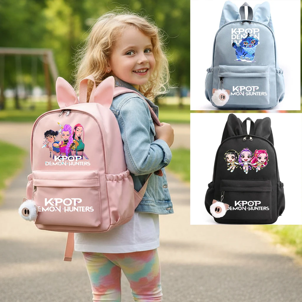 حقيبة ظهر KPop Demon Hunter للفتيات والأولاد والأطفال حقيبة ظهر مدرسية كاجوال حقائب ظهر للسفر على شكل آذان أرنب حقائب هدايا Mochila
