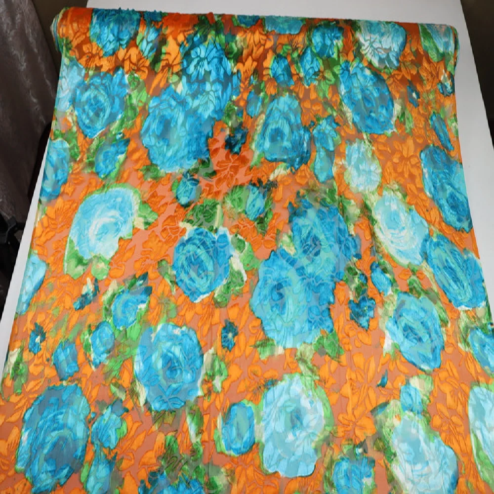 Luxury Silk Smooth Soft Silk Burn Out Fabric Opal Blue Flowers Orange Sexy for Summer Spring Skirt Cloth Scarves