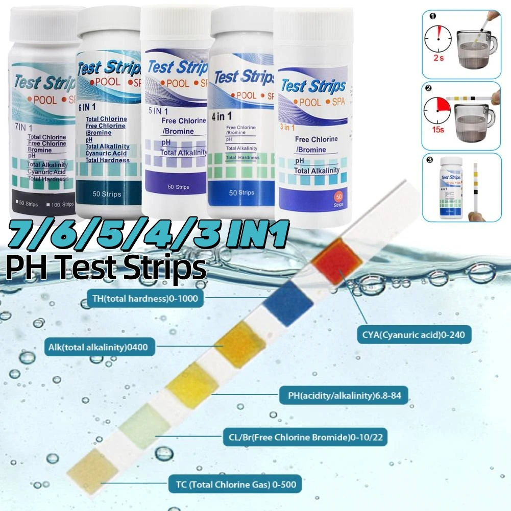 3/4/5/6/7 in 1 Swimming Pool PH Test Strips SPA Swimming Pool Water Tester Paper Hardness Tool for Chlorine Bromine Pool Acces view 2