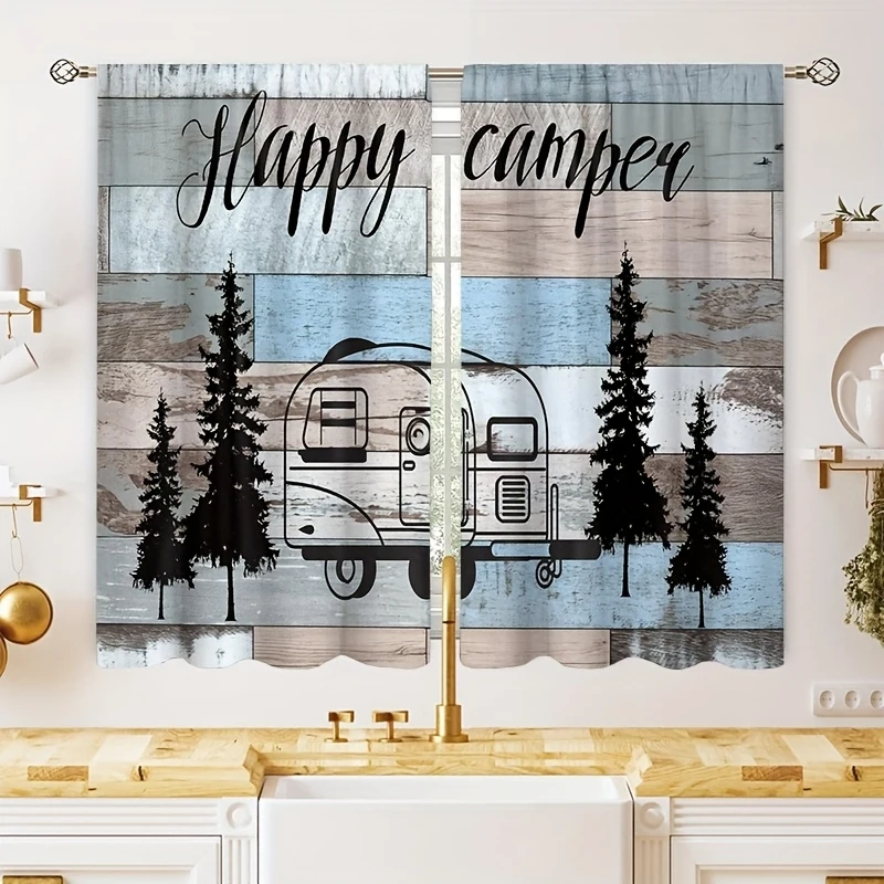 VIKAMA Rustic Cafe Curtains For Kitchen Window, Rod Pocket Small Curtain 2 Pcs RV Camper Farmhouse Wood Look Vintage Print