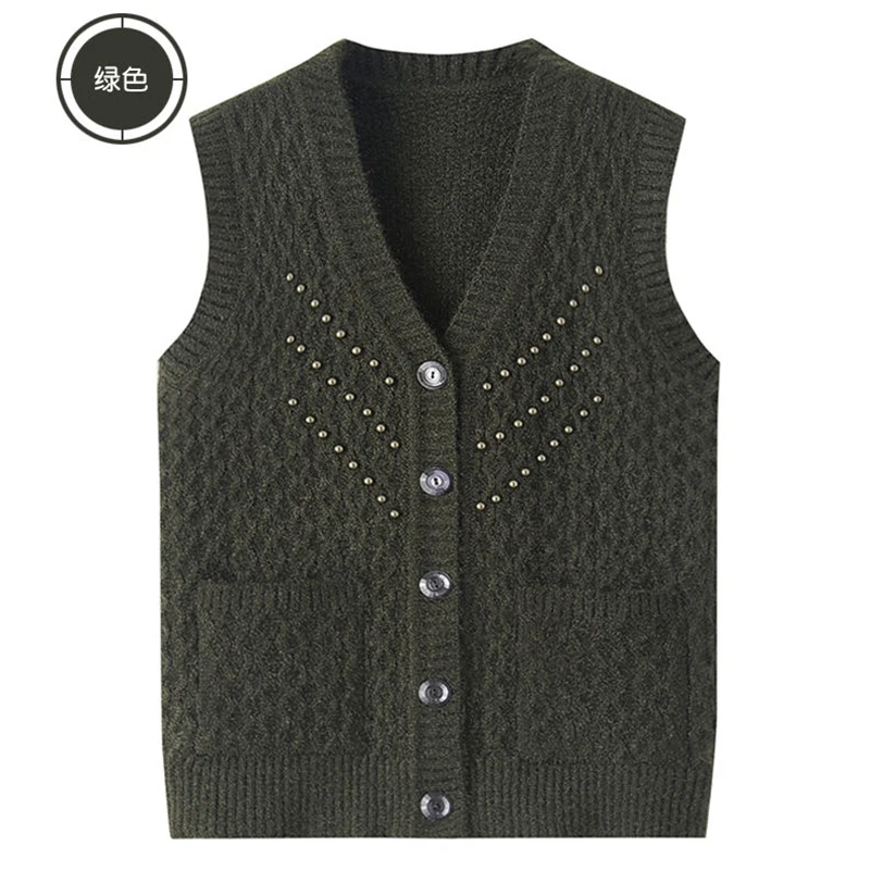 Middle-Aged Elderly Mom Vest Sweater Women\'s Spring Autumn Winter Knitted Sweater Cardigan Jacket Sleeveless Single Breasted Top