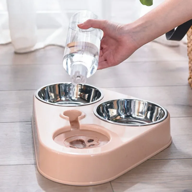 Pet Cat Bowl Automatic Feeder 3-in-1 Dog Cat Food Bowl with Water Fountain Double Bowl Drinking Raised Stand Dish Bowls for Cats