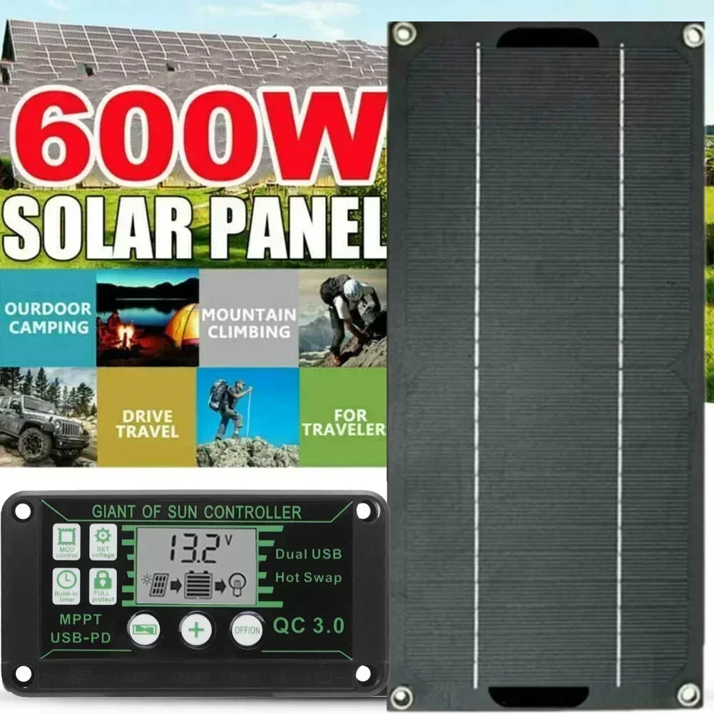 Waterproof Solar Panel Kit 600W 18V Portable Solar Charger With Outdoor Battery Powered For Cars Motorcycles And Camping