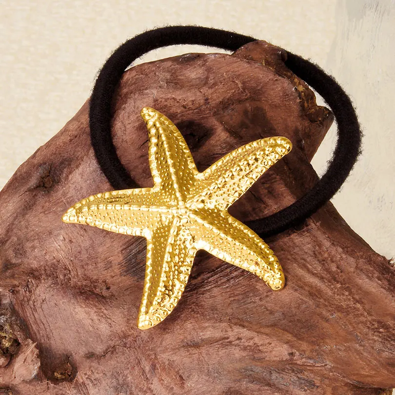 Abalorio de estrella de mar de acero inoxidable a la moda, elásticos y lazos para el pelo negro, accesorios de cuerda para cabeza de Animal marino para mujer, Gril Beach Sunmmer