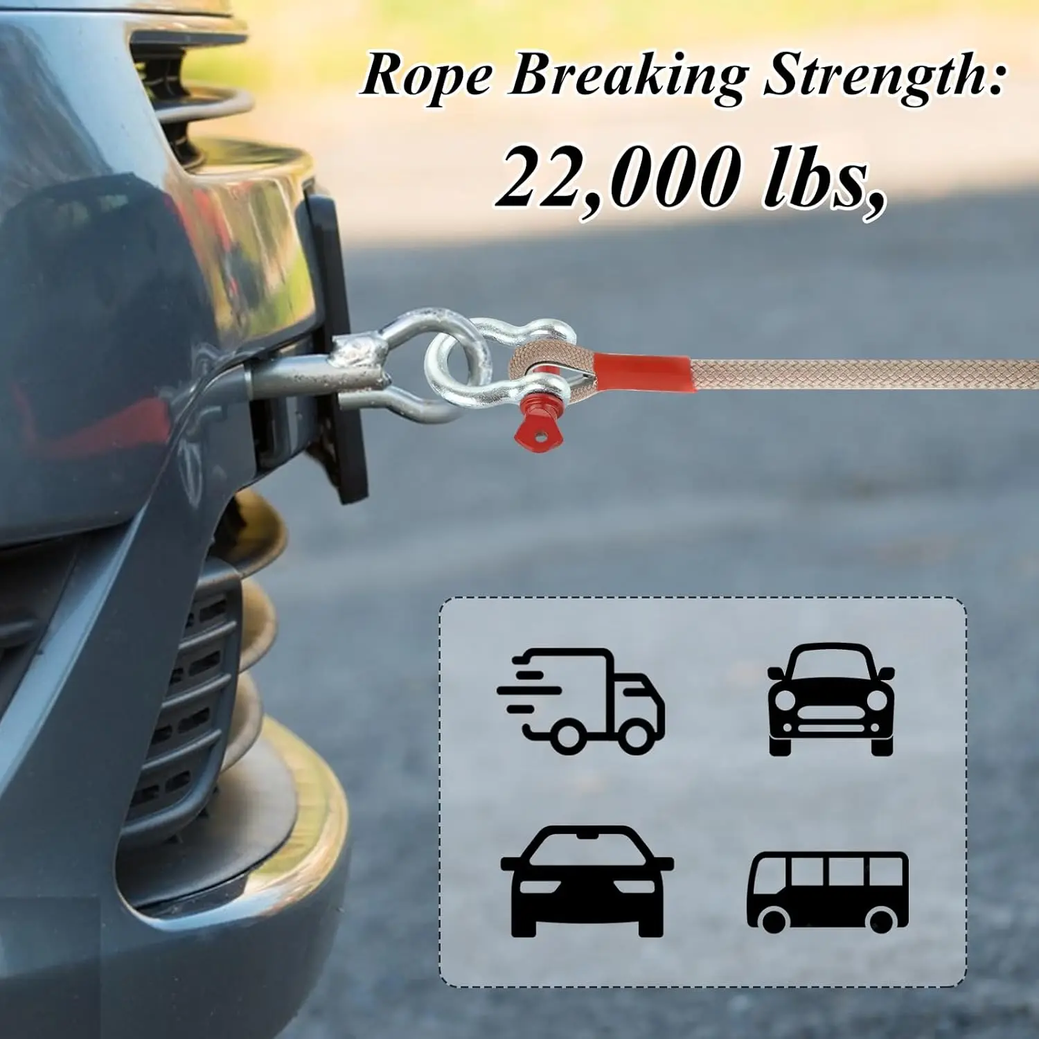 حزام سحب عالي التحمل مقاس 1 × 30 قدمًا مع حلقات وحلقات على شكل حرف D للشاحنات وسيارات الدفع الرباعي ومركبات ATV - سعة 22000 رطلًا