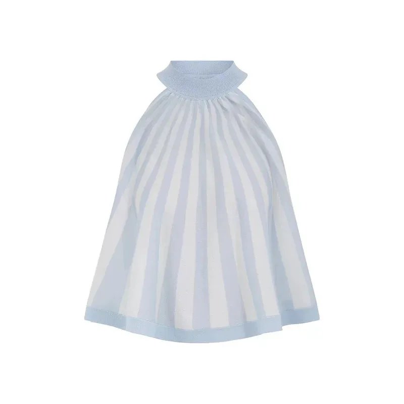 

Blue Striped Print Sleeveless Halter Blouse Tops and Midi Skirt Set