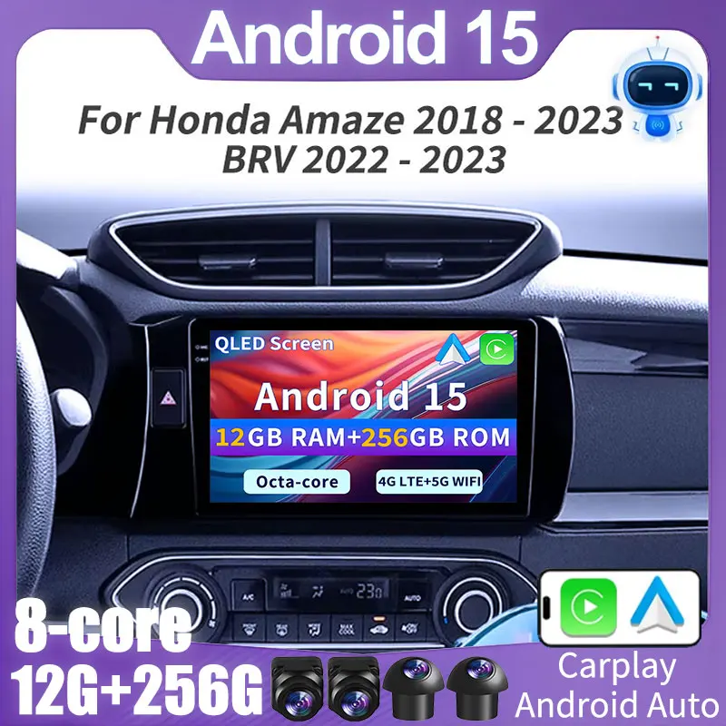 For Honda Amaze 2018 - 2023 BRV 2022 - 2023 Android 15 Car Radio Multimedia Video Carplay Navigation stereo GPS 2din 2K QLED DSP