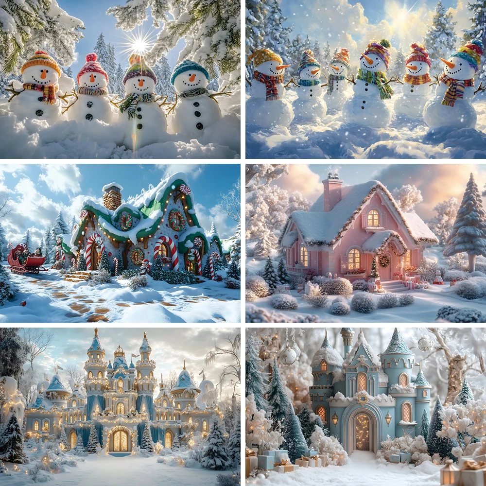 

Winter Snowman Photography Background Pink Gingerbread House Snow Castle Family Children Portrait Photo Backdrop Photobooth Prop