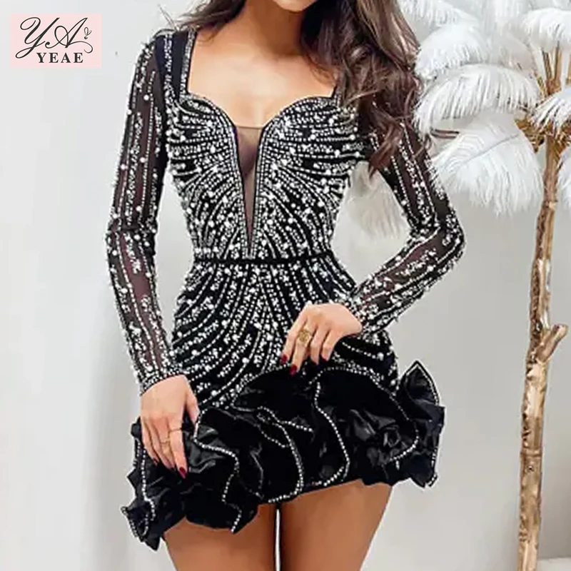 Robe de soirée d'anniversaire rose pour femmes, manches en maille, moulante, Sexy, diamants, volants à plusieurs niveaux, strass, perles, boîte de nuit, nouvelle collection 2025