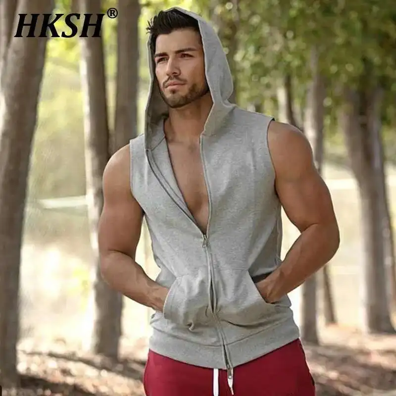 

HKSH Spring Summer Men tide Lace Up Zipper Sweater Sleeveless Fashion Hooded Vest Coats Dark Tide High Street Streetwear HK0181