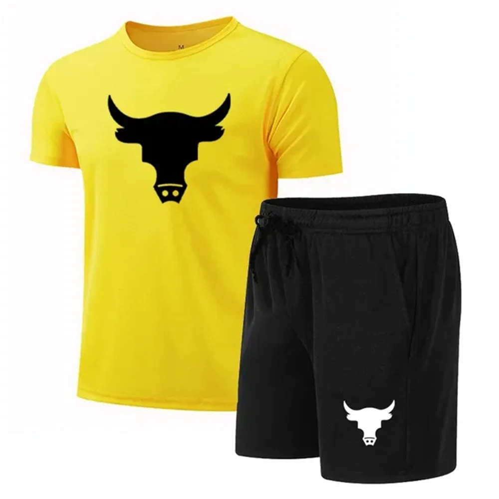 

3D Summer Fitness Men Running Short Sleeve T-Shirt +Shorts Two Piece Set Sportswear Casual Fitness Sports Quick-drying Set S-3XL