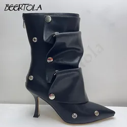 Stivali corti con cuciture a rivetto in metallo tacchi a spillo con punta a punta stivali moda a due vie con cerniera posteriore scarpe da donna Sexy di grandi dimensioni