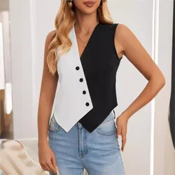 Women's Shirt Tops Black White Colorblock Buttoned Asymmetric Hem V-Neck Sleeveless Vest  Casual Blouse Top Short Suit Waistcoat